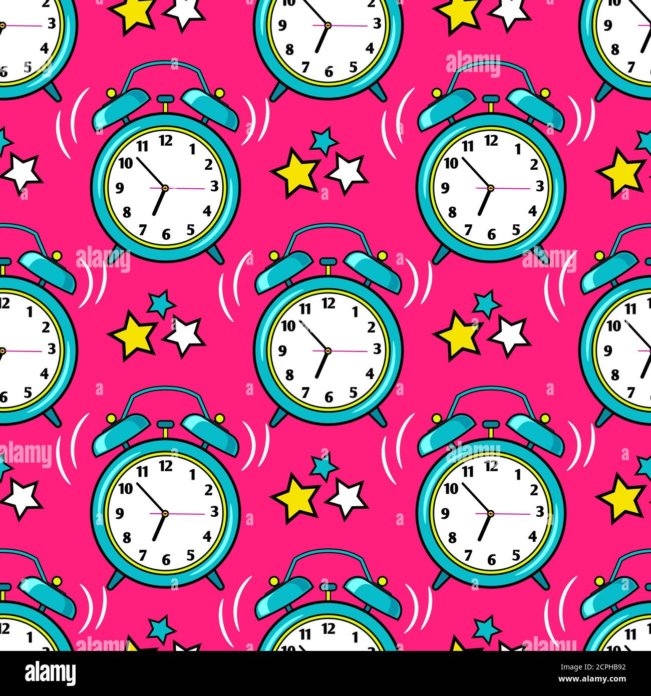 Bright alarm clock and stars seamless pattern, vector ilustration Stock Vector