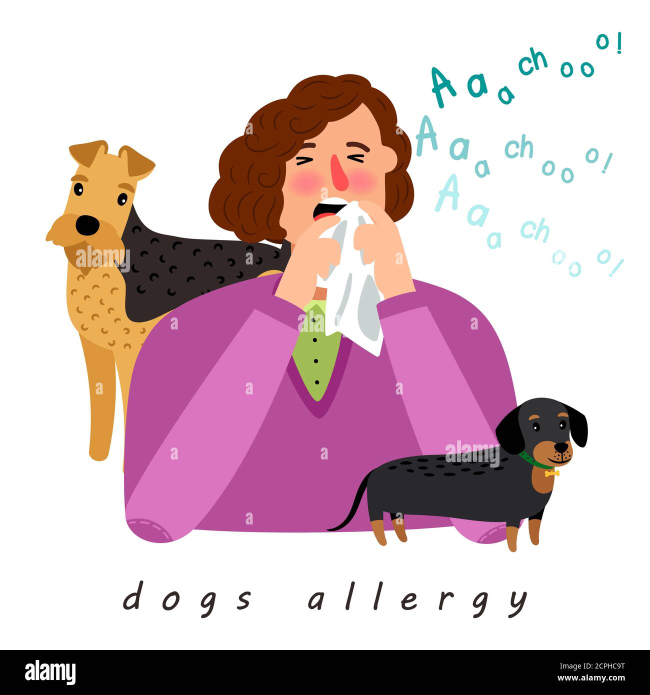 Dog allergy woman. Cartoon girl with season allergic rhinitis, woman nose blowing dogs disease reaction vector illustration Stock Vector