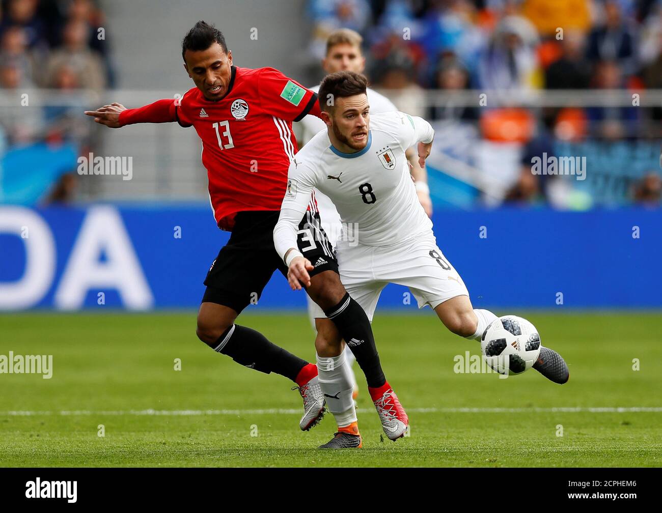 Soccer Football World Cup Group A Egypt Vs Uruguay Ekaterinburg Arena Yekaterinburg Russia June 15 2018 Uruguay S Nahitan Nandez In Action With Egypt S Mohamed Abdel Shafy Reuters Jason Cairnduff Stock Photo Alamy