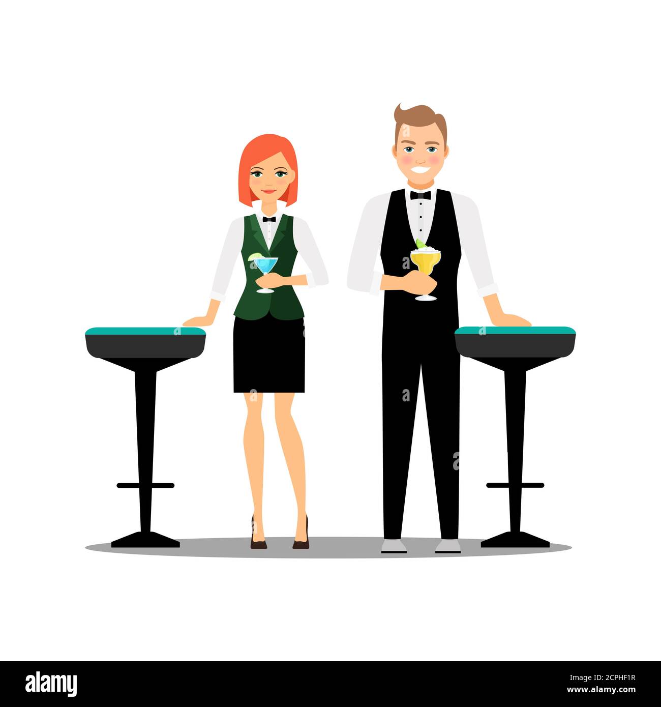 Bartenders couple with cocktails and bar chairs isolated on white background. Bartender with cocktail alcohol, chair for pub and barman illustration Stock Vector