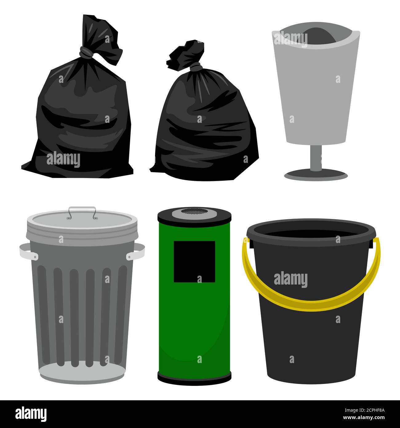 Plastic and metallic bins, black plastic bags for garbage. Vector bin and  bag rubbish, plastic container illustration Stock Vector Image & Art - Alamy