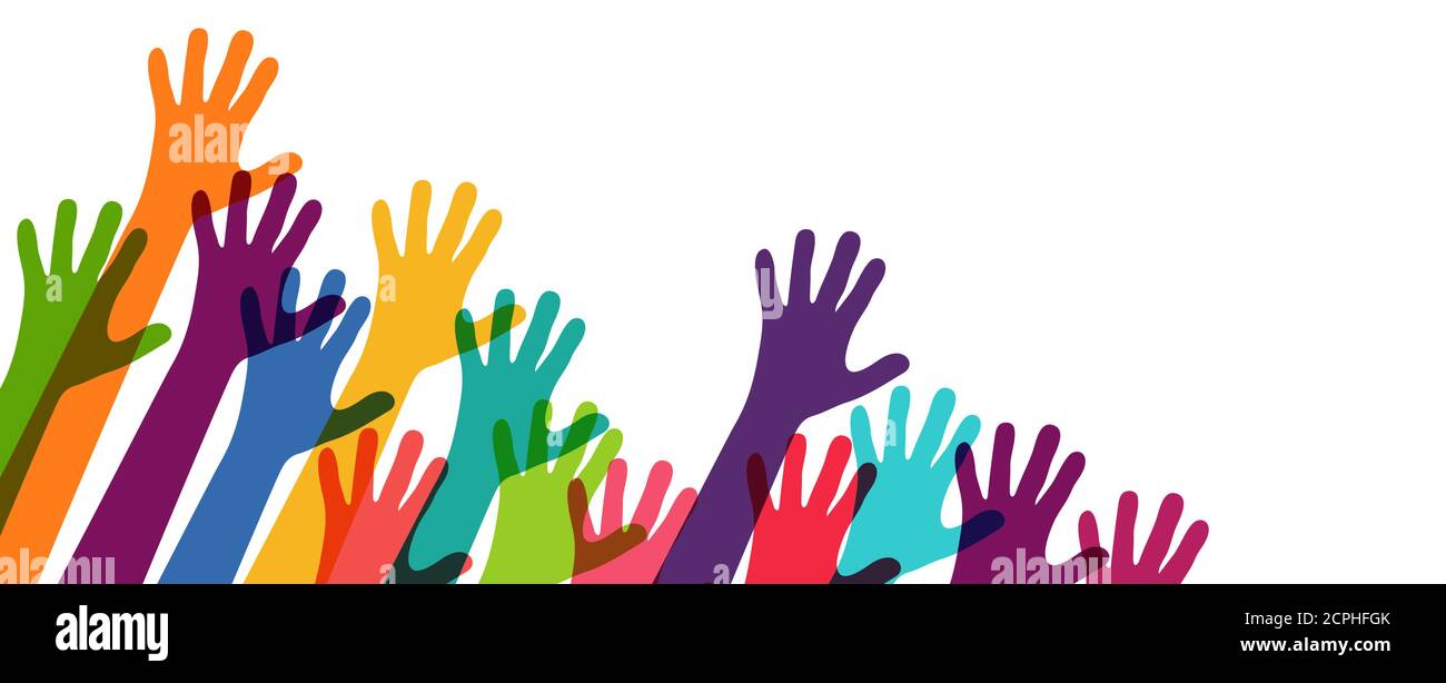 EPS vector illustration of many different colored people stretch their hands up symbolizing cooperation or diversity friendship Stock Vector
