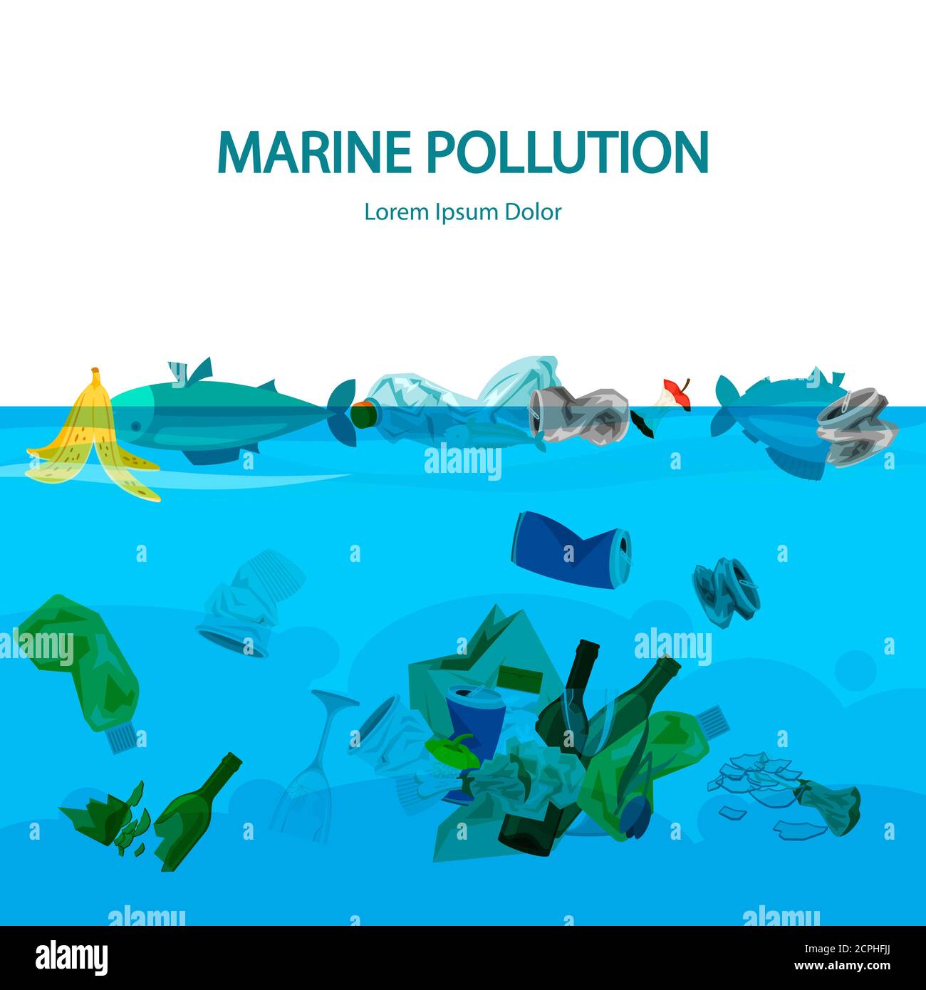 Marine pollution vector illustration with water and garbage. Pollution water, trash plastic in ocean Stock Vector