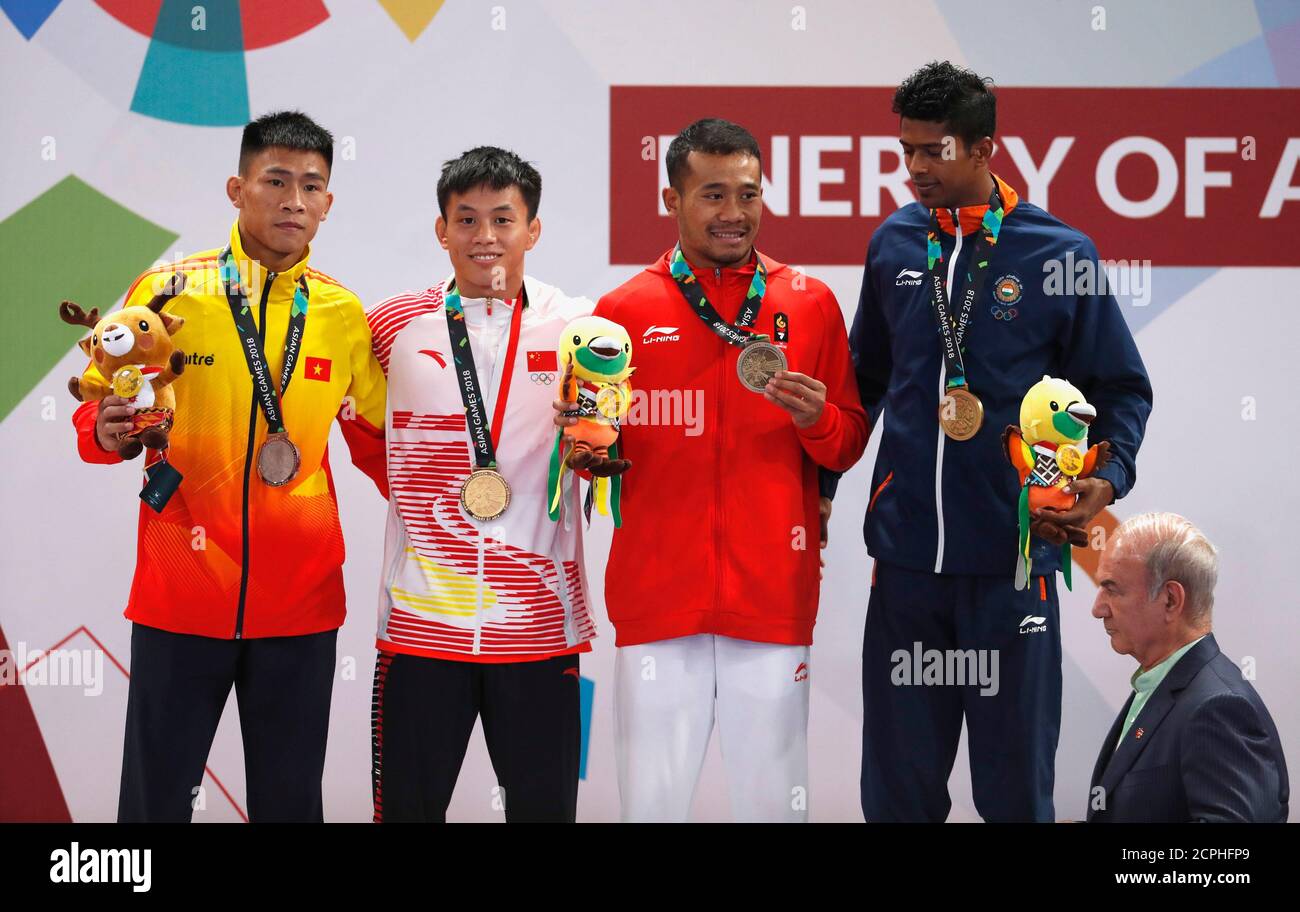 Wushu 2018 Asian Games Men S Sanda 56kg Jiexpo Kemayoran Hall B Jakarta Indonesia August 23 2018 Gold Medallist Shen Guoshun Of China Silver Medallist Truong Giang Bui