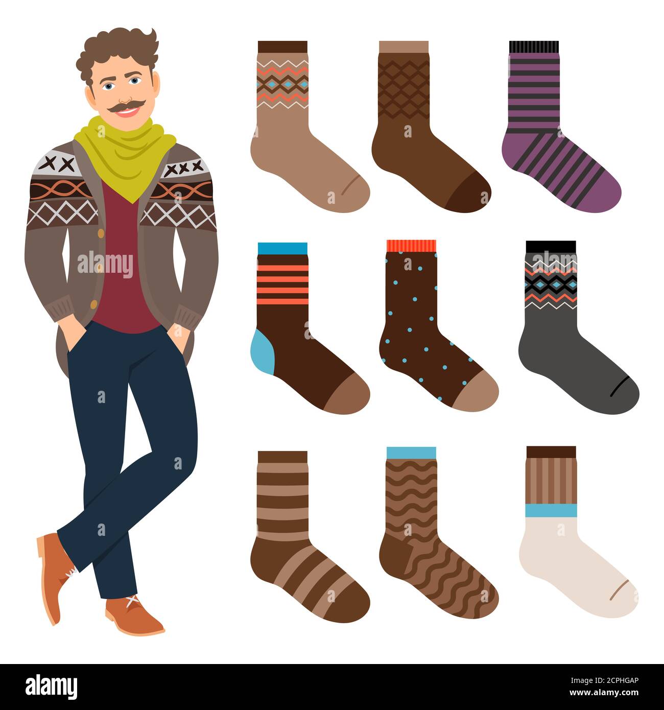 Casual style male socks set and cartoon fashion man vector illustration