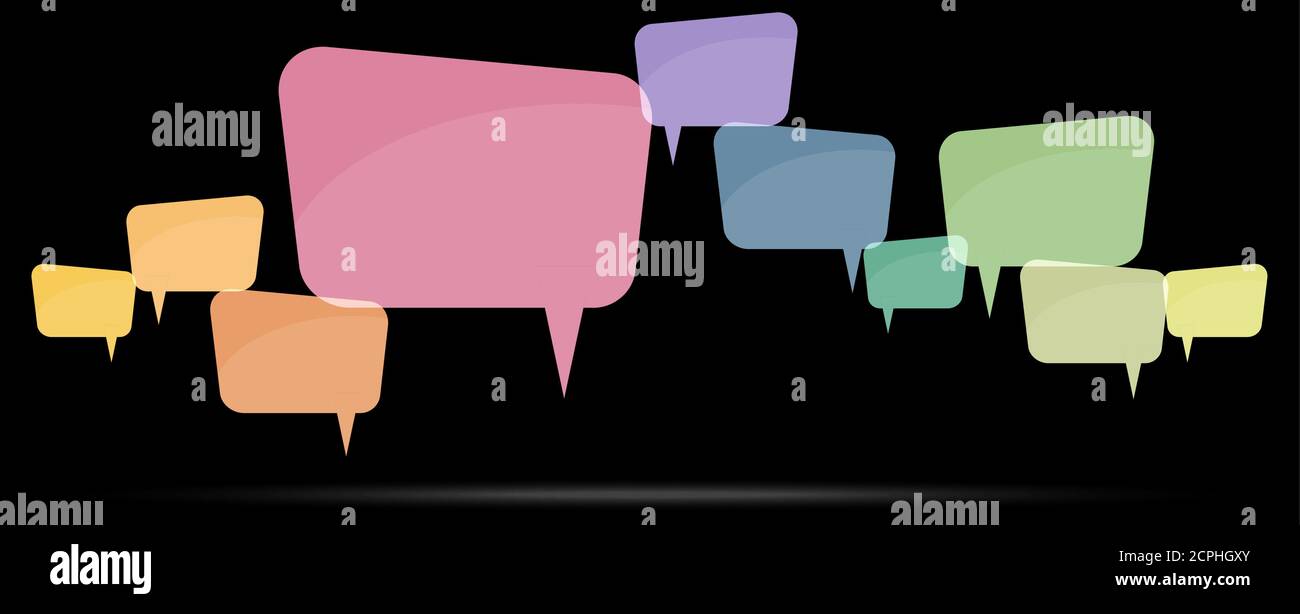 illustration of colored speech bubbles in a row with space for text on ...