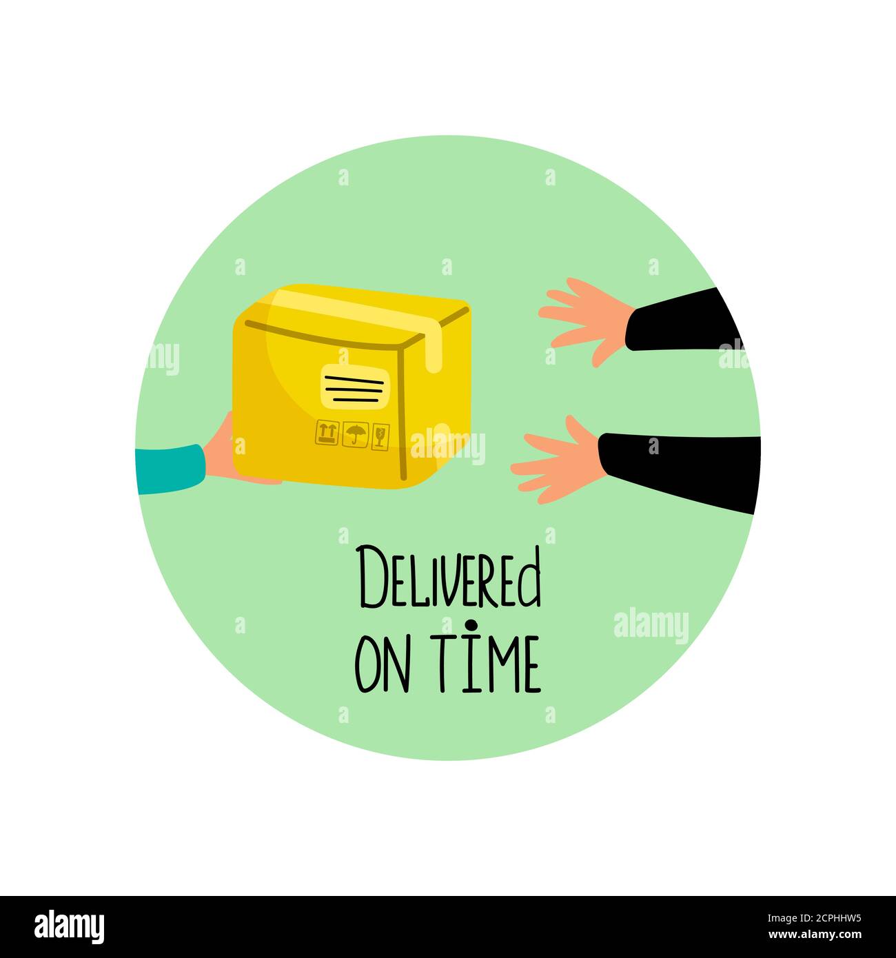 Delivered on time vector icon with package and hands. Illustration of