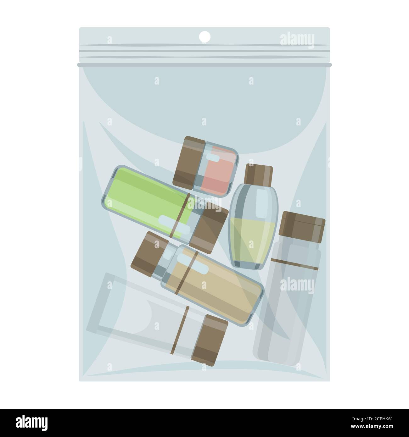 Liquid cabin size plastic bag with cosmetics bottles vector
