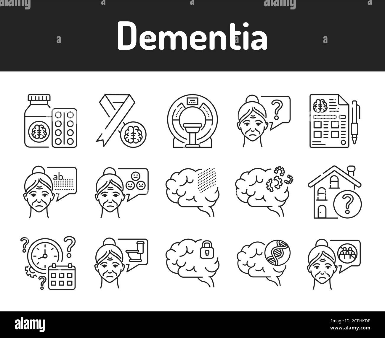 Brain disease dementia line black icons set. Decline in memory. Decrease in mental human abilities. Sign for web page, mobile app, button, logo Stock Vector