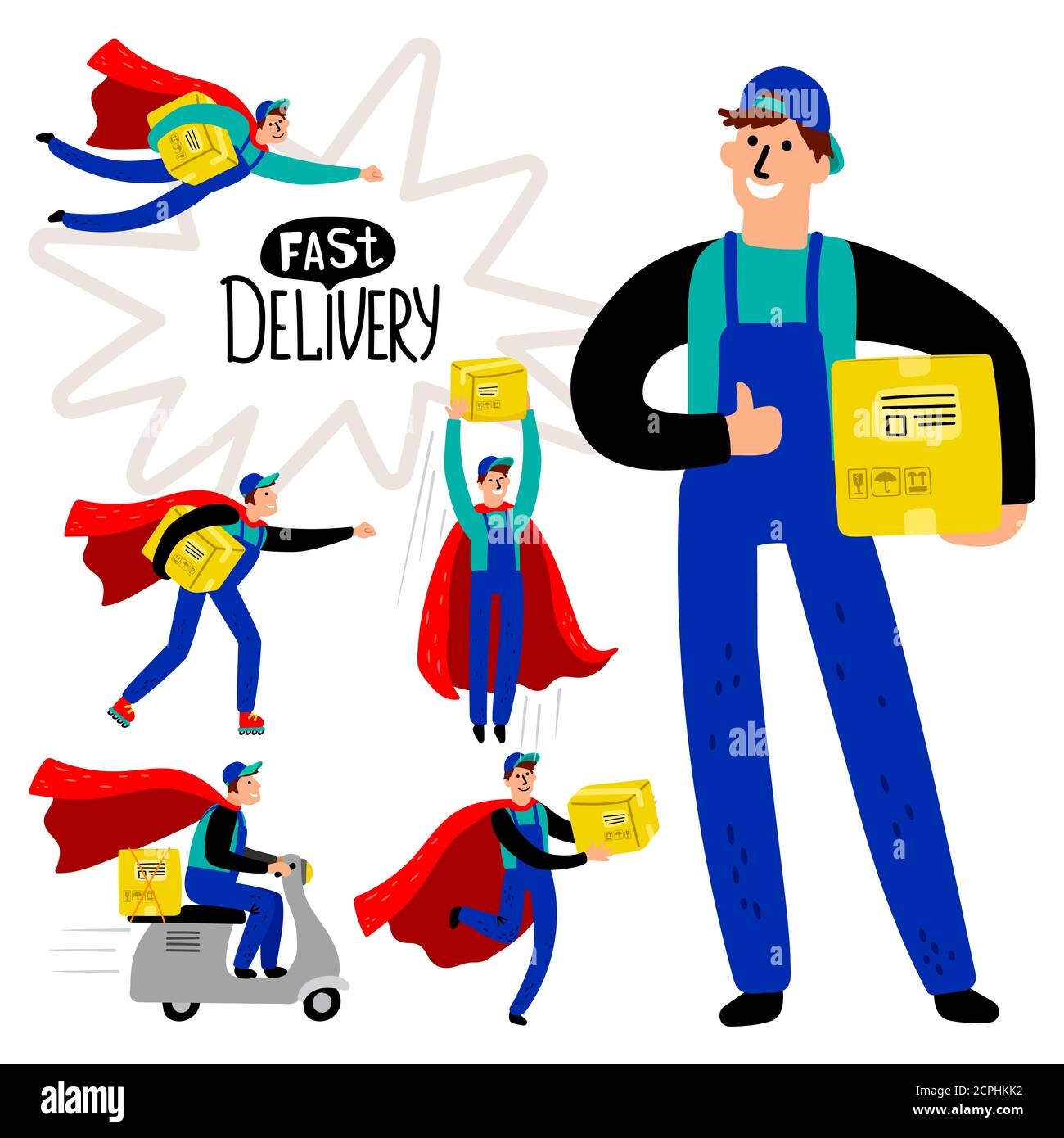 Fast delivery courier vector collection, superhero delivery man with