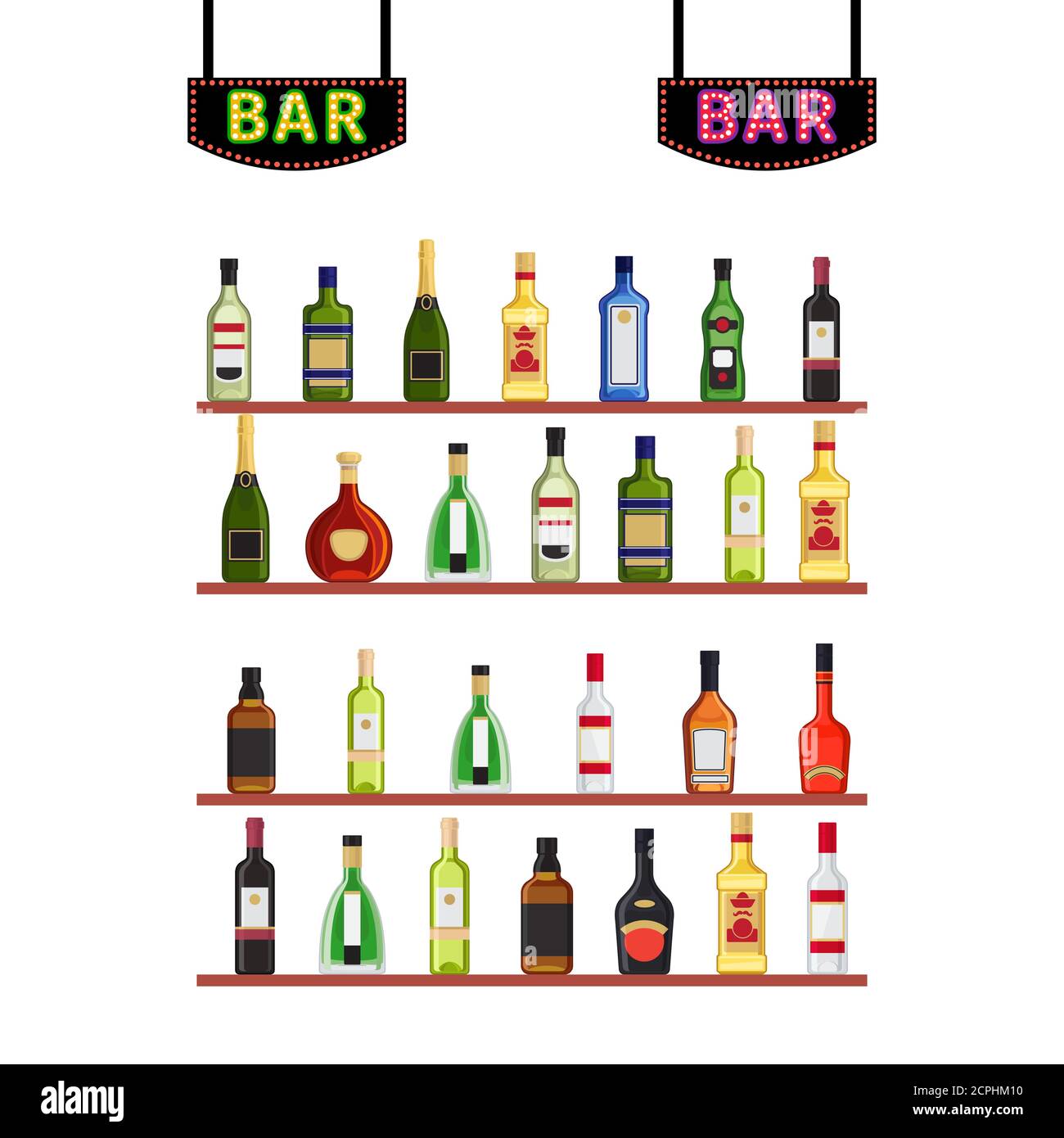 Neon signs Bar and shelfs with alcohol bottles vector illustration