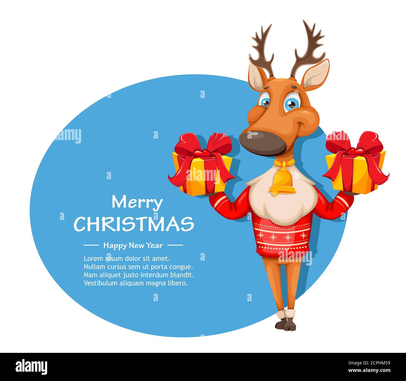 Merry Christmas and Happy New Year greeting card. Cute deer cartoon ...