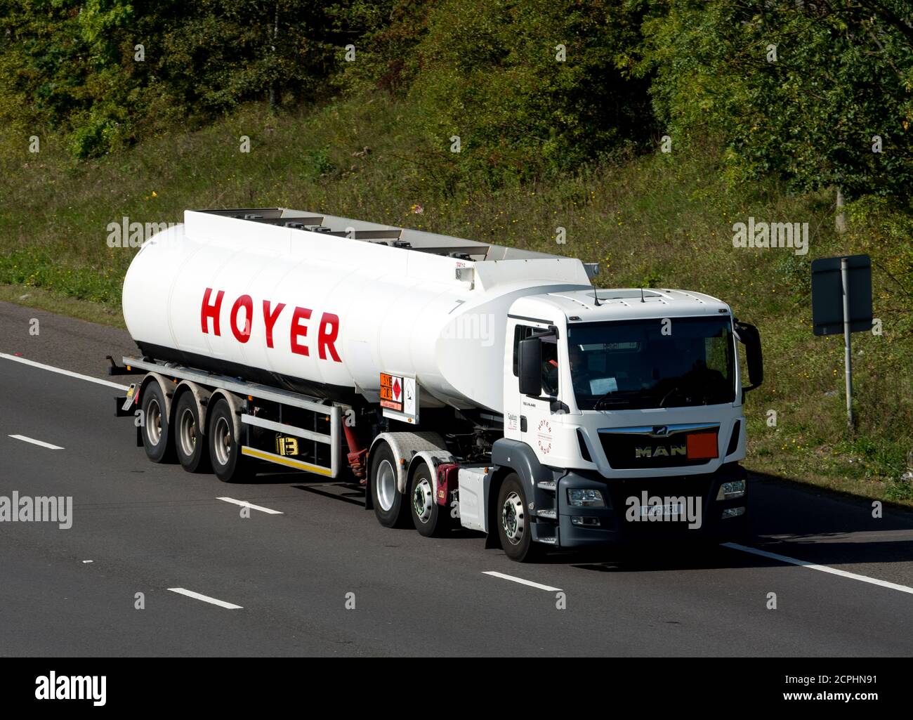 A Hoyer tanker lorry on the M40 motorway, Warwickshire, UK Stock Photo