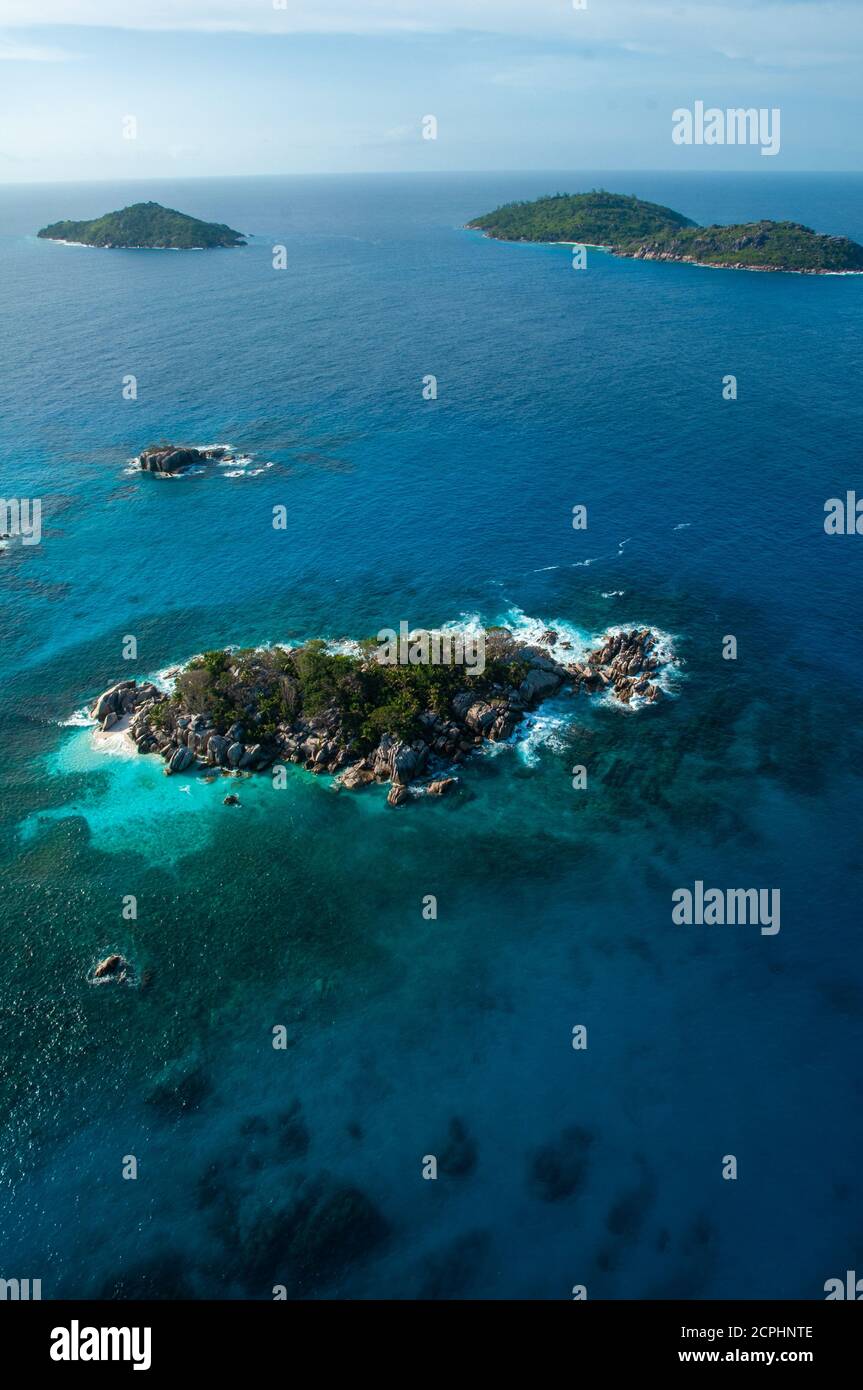 Aerial panorama of the Marine reserve of Coco island with the blue