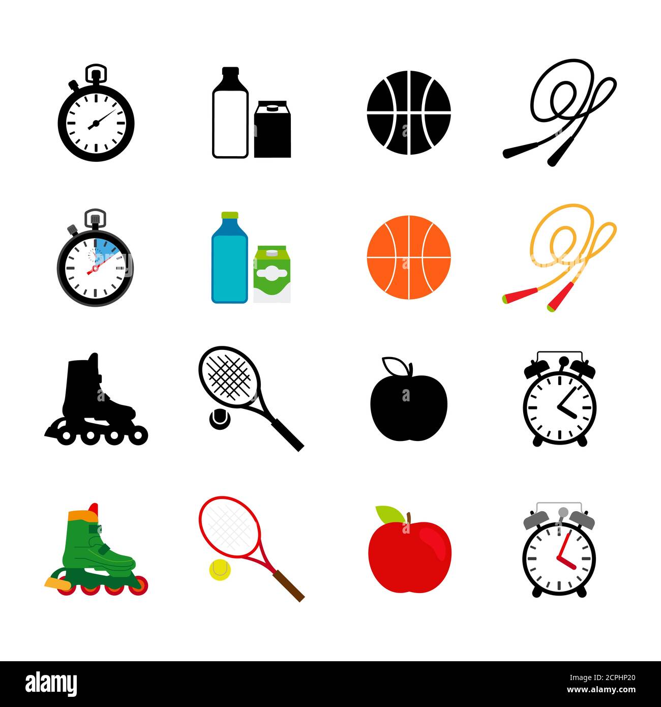 Sport equipment and food black and colorful icons vector set Stock Vector