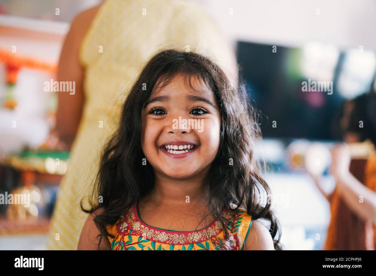 Portrait of indian female kid wearing sari dress Southern asian child