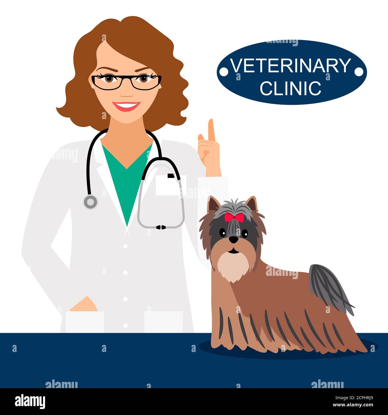 Veterinary clinic vector concept. Smily veterinarian and dog on examination table Stock Vector