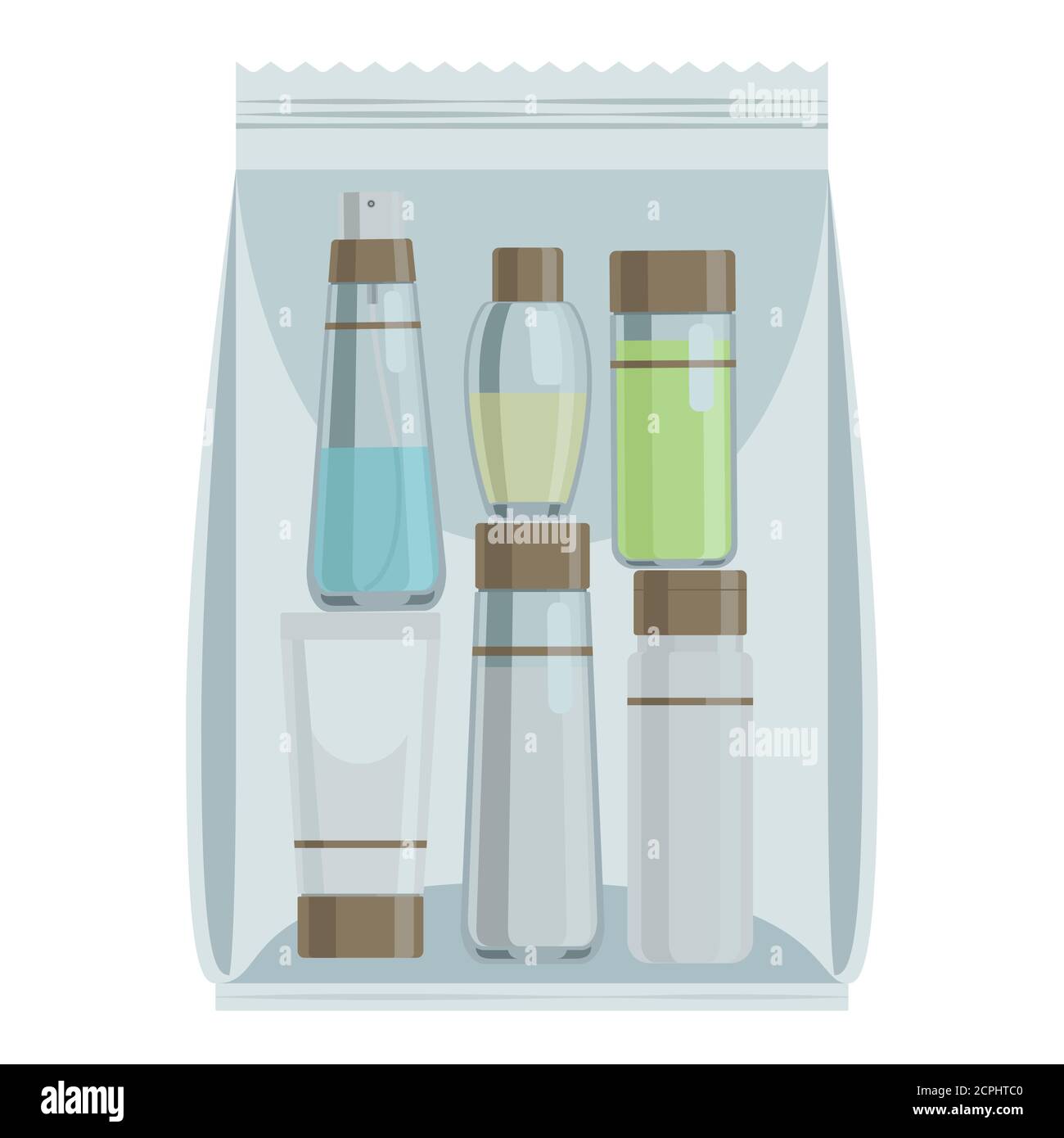 Cosmetics bottles in plastic bag, cabin size liquid luggage vector illustration Stock Vector