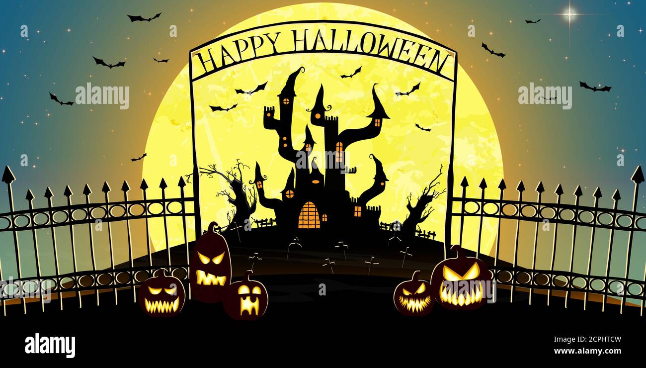 dark castle and cemetery in front of full moon with fence and archway with 'Happy Halloween' letters and other scary illustrated elements for Hallowee Stock Vector