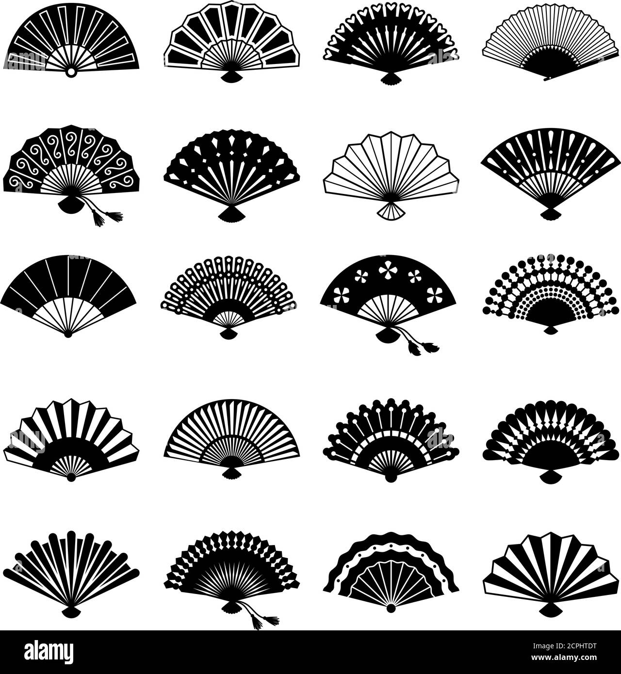 Oriental fans silhouettes. Vector chinese or japanese paper fan symbols