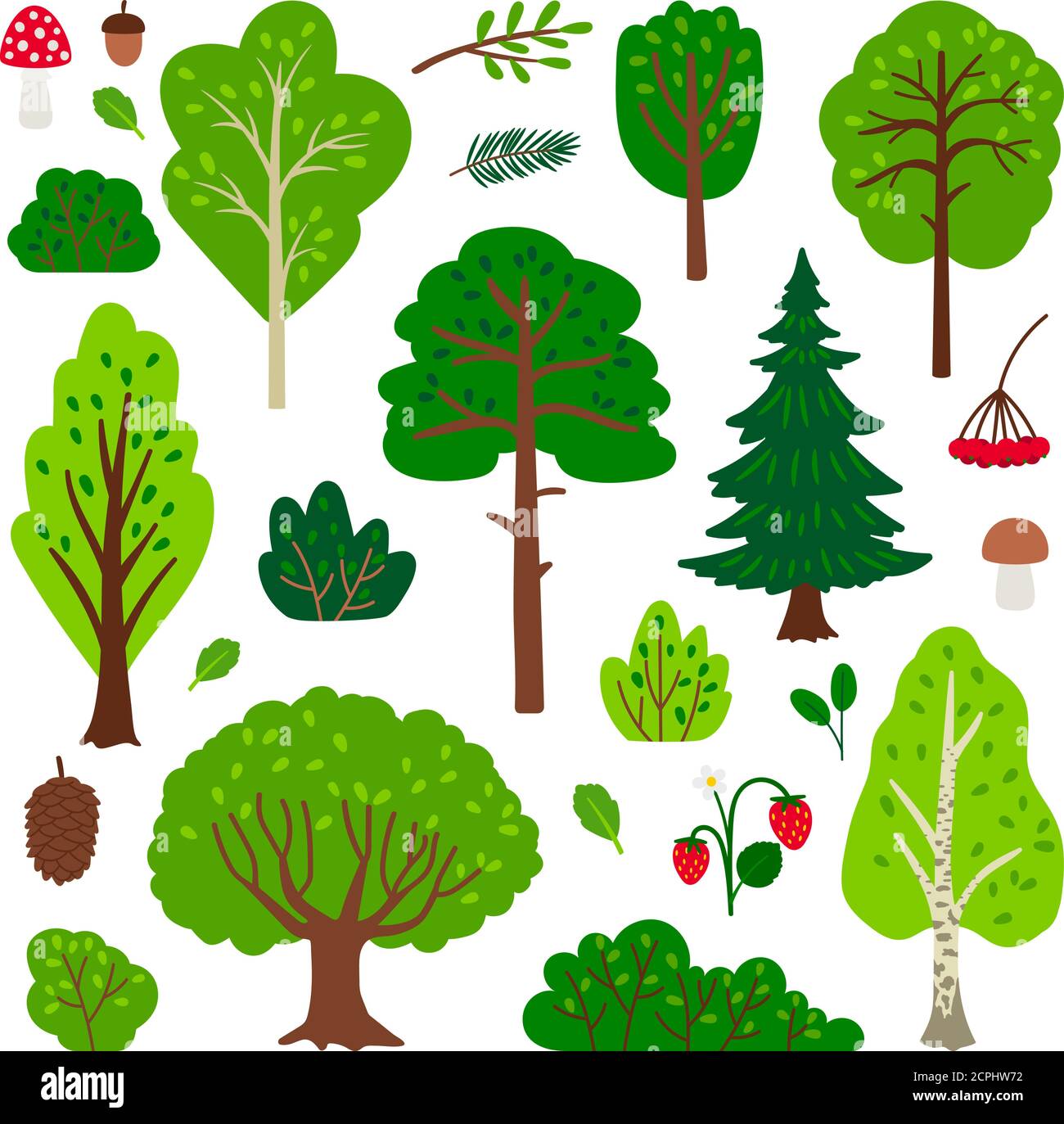 Cartoon forest tree set. Simple vector green tree set isolated on white background Stock Vector