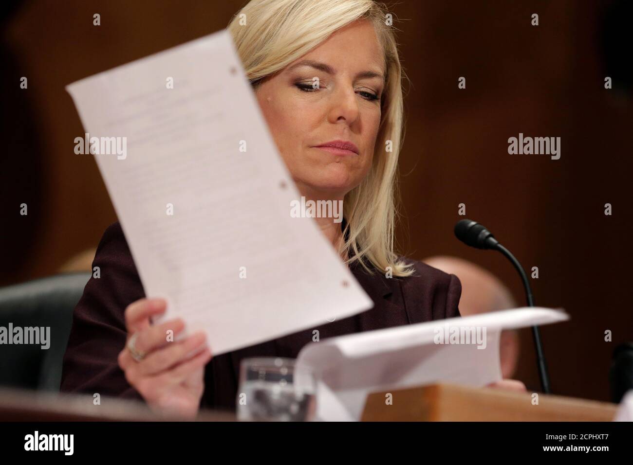 Kirstjen Nielsen testifies to the Senate Homeland Security and Governmental Affairs Committee on her nomination to be secretary of the Department of Homeland Security (DHS) in Washington, U.S., November 8, 2017.   REUTERS/Joshua Roberts Stock Photo