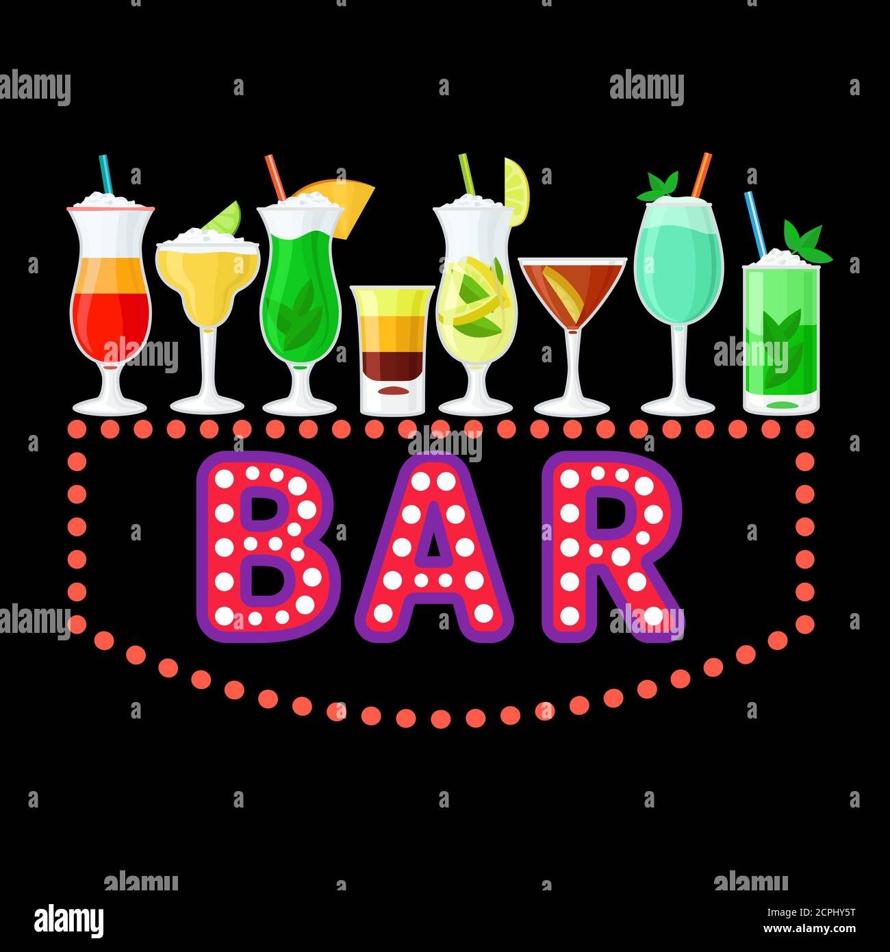 Neon bar sign with colorful cocktails vector design. Illustration of glowing alcohol banner Stock Vector
