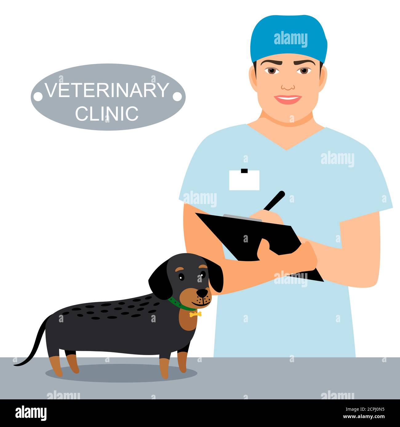 Veterinarian and dog on examination table in vet clinic. Veterinary clinic vector concept. Veterinarian dog and doctor veterinary illustration Stock Vector