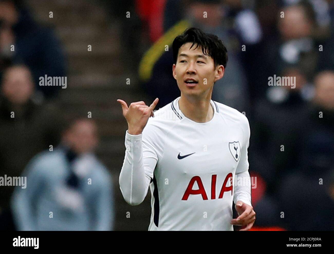 Soccer Football - Premier League - Tottenham Hotspur vs Huddersfield Town - Wembley Stadium, London, Britain - March 3, 2018   Tottenham's Son Heung-min celebrates scoring their first goal   REUTERS/Eddie Keogh    EDITORIAL USE ONLY. No use with unauthorized audio, video, data, fixture lists, club/league logos or 'live' services. Online in-match use limited to 75 images, no video emulation. No use in betting, games or single club/league/player publications.  Please contact your account representative for further details. Stock Photo