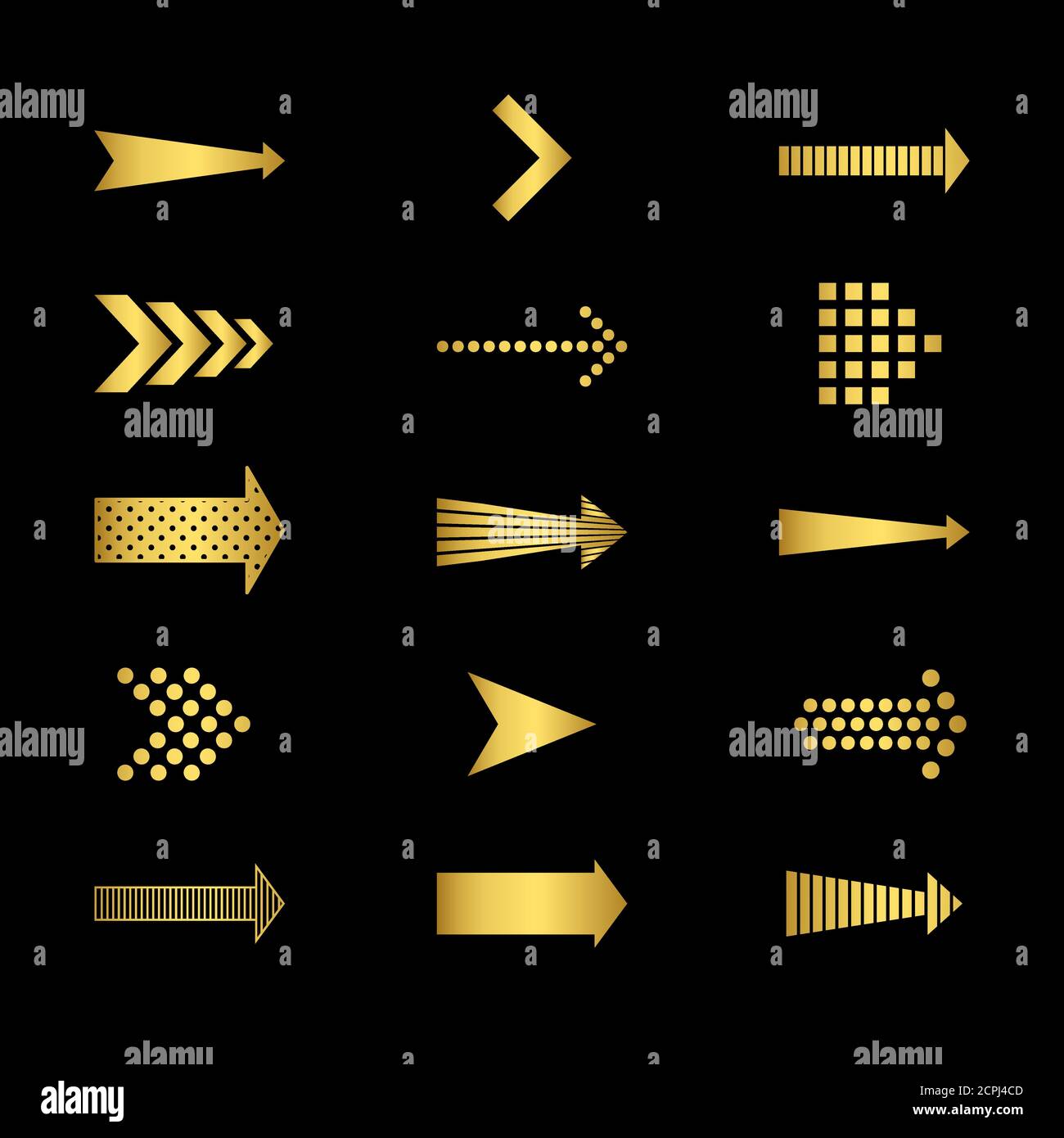 Golden arrows icons on black background vector set. Illustration of arrow symbol gold colored Stock Vector