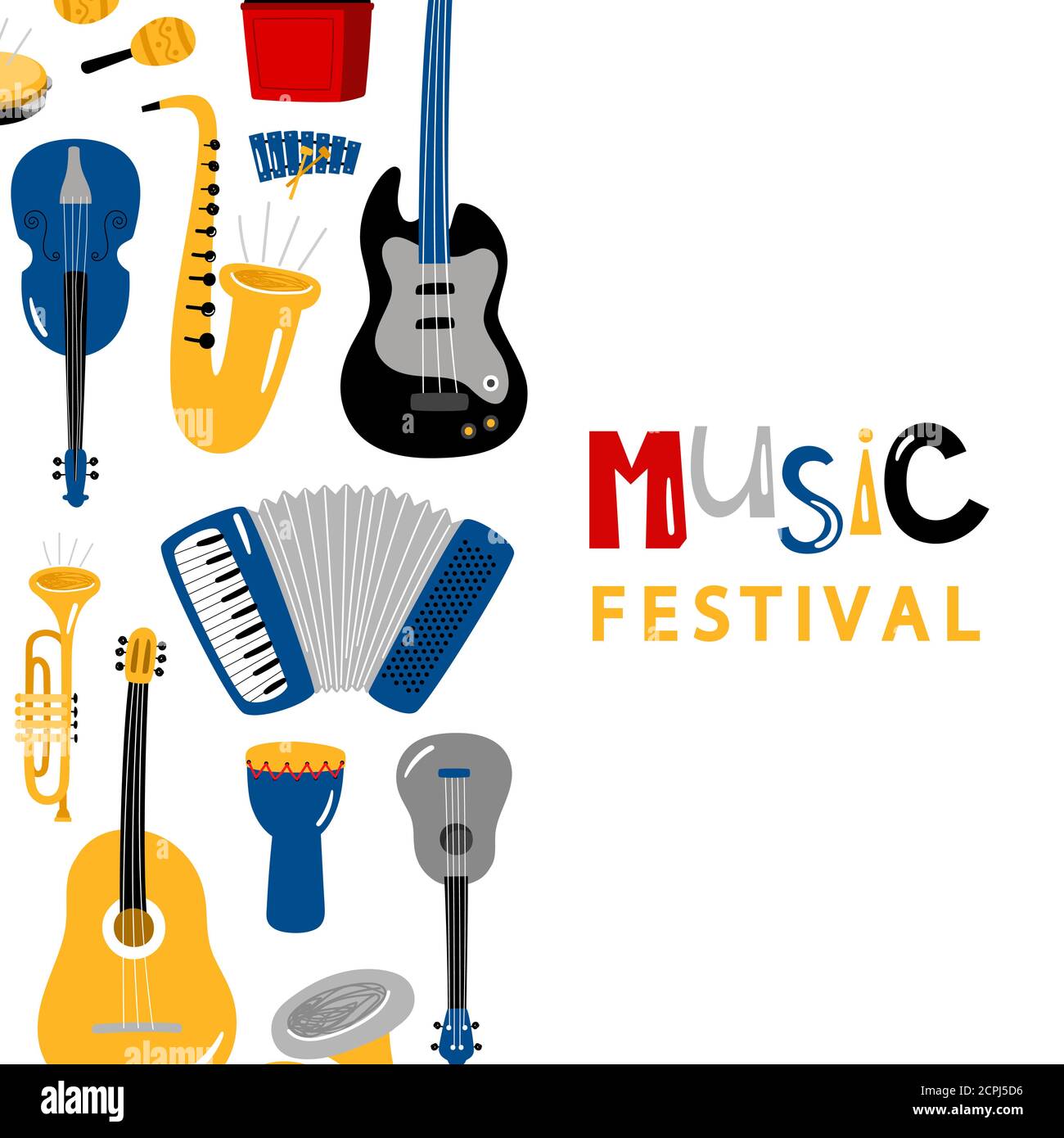 Music festival banner with cartoon character instruments vector design. Illustration of banner and poster instrument, music festival, drum and trumpet Stock Vector