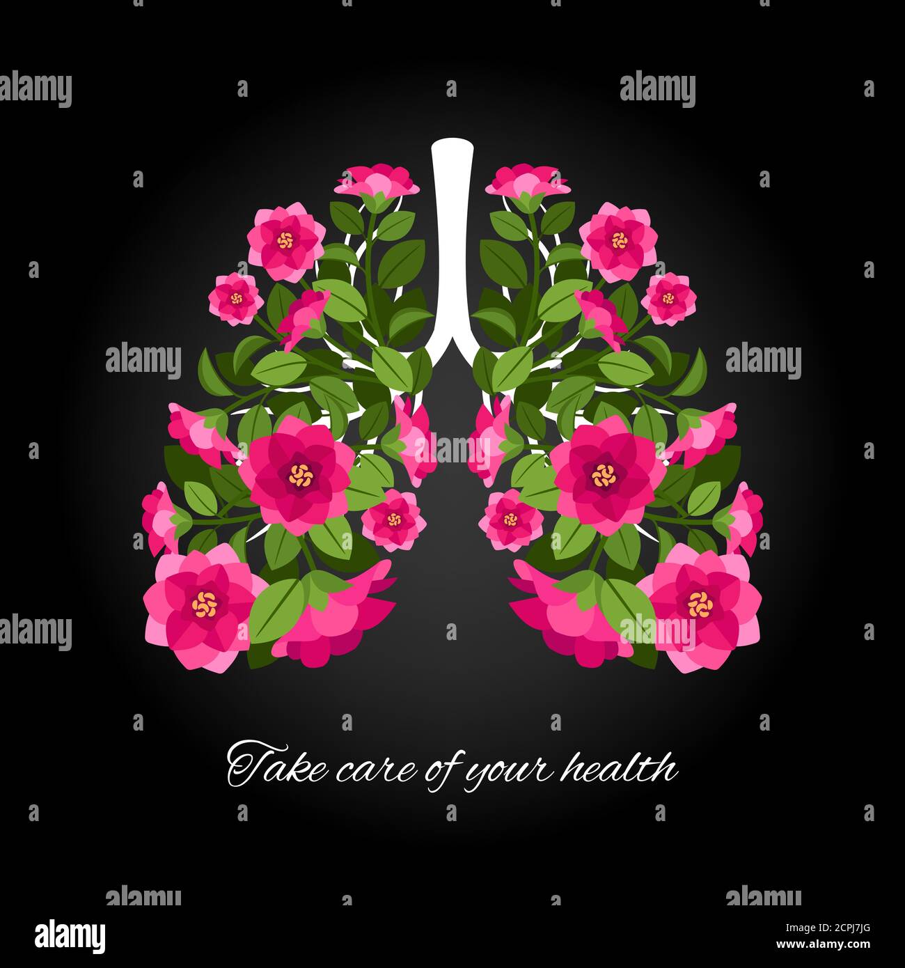 Take care of your health. Human lungs blooming flowers. Vector human lung with colored floral