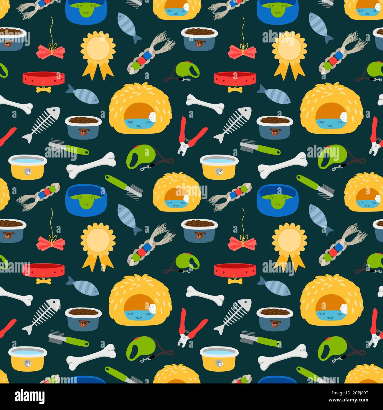 Vector pets accessories colorful seamless pattern. Dogs and cats food, beds, toys texture. Illustration of dog accessory, kennel and comb Stock Vector