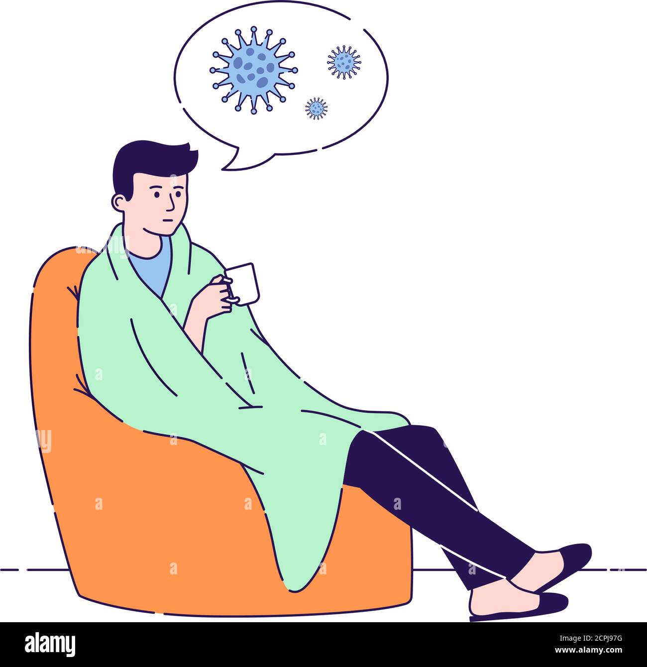Sick man with a cold disease sitting in a chair with cup flat vector  illustration. Symptoms of a cold, fever, influenza. Isolated cartoon  character Stock Vector Image & Art - Alamy