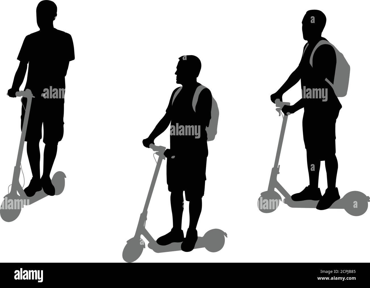 man riding electric scooter silhouettes set - vector Stock Vector