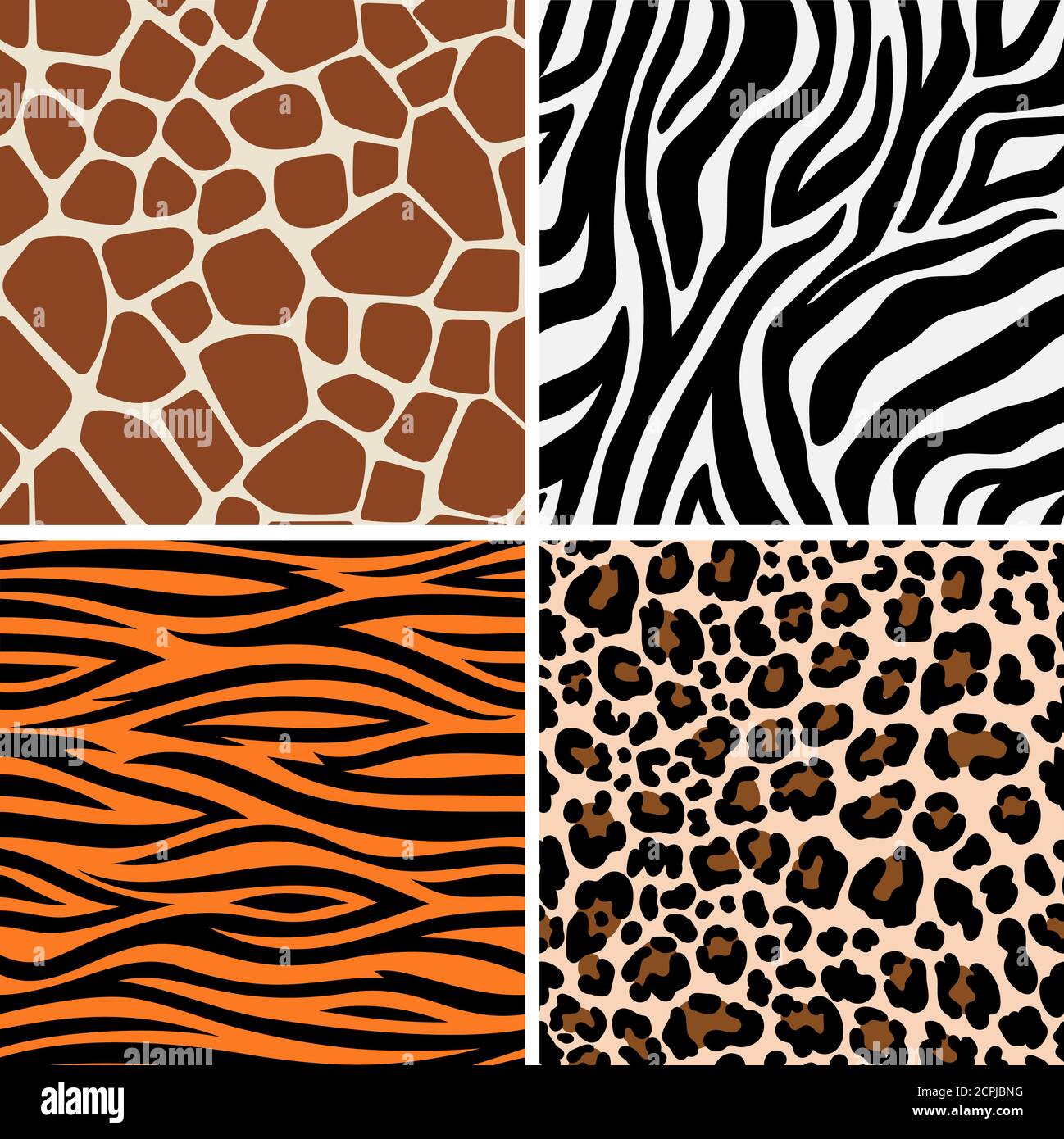 Zebra, giraffe and leopard patterns. Vector tiger stripes and jaguar spots fur, giraffe and zebra seamless skin prints Stock Vector