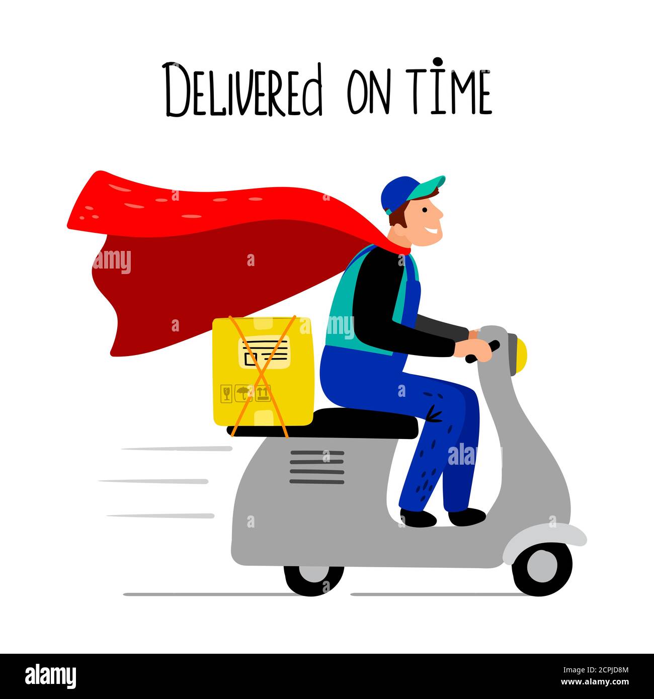 Delivery man on scooter. Moto bike delivery guy with box, motorcycle deliver  cartoon driver in red cloak, delivered on time, vector illustration Stock  Vector Image & Art - Alamy