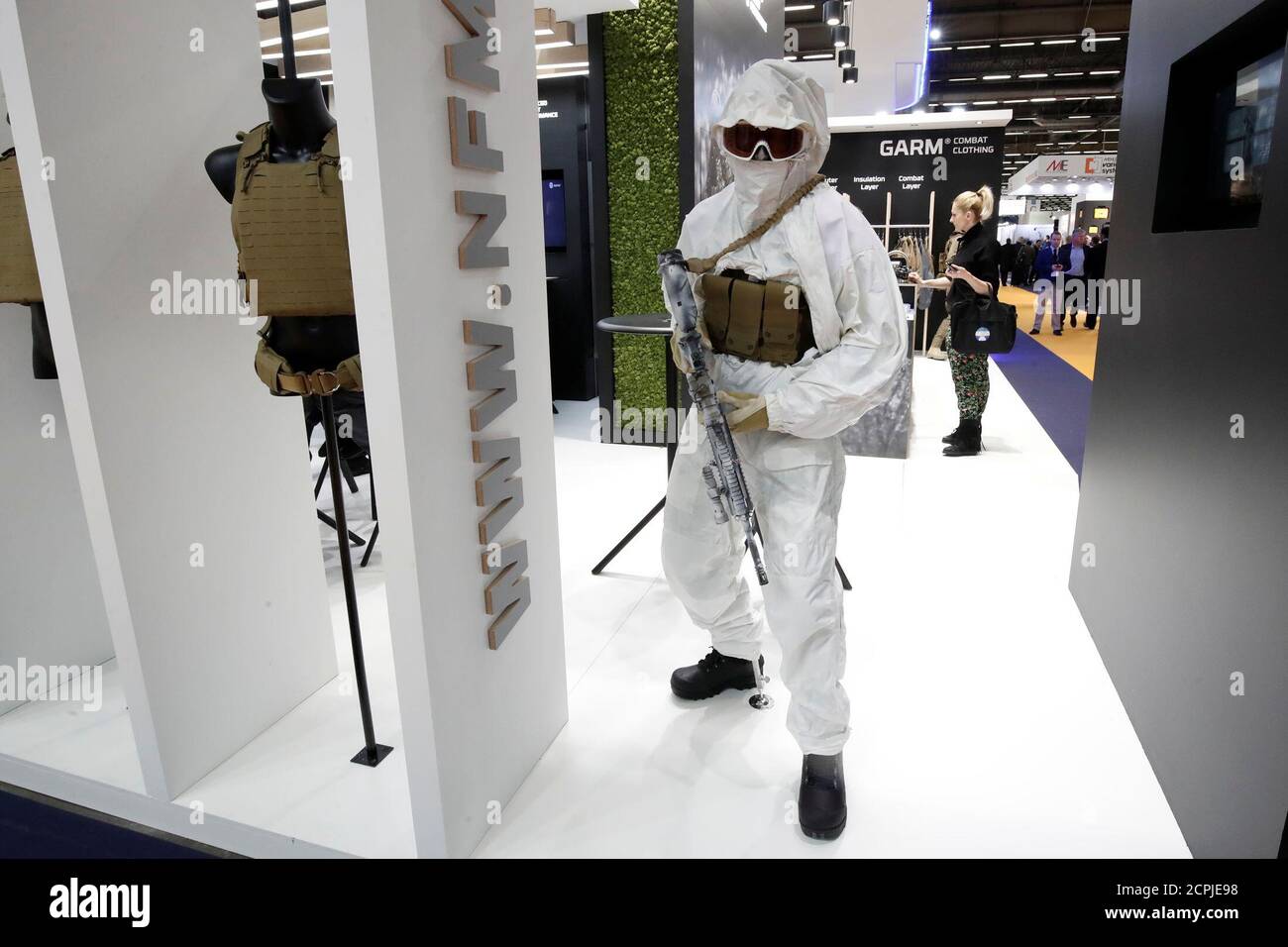 A mannequin with protective military equipment by NFM GROUP is displayed at the 20th Paris Milipol, the worldwide exhibition dedicated to homeland security, in Villepinte, near Paris, France, November 21, 2017. REUTERS/Benoit Tessier Stock Photo