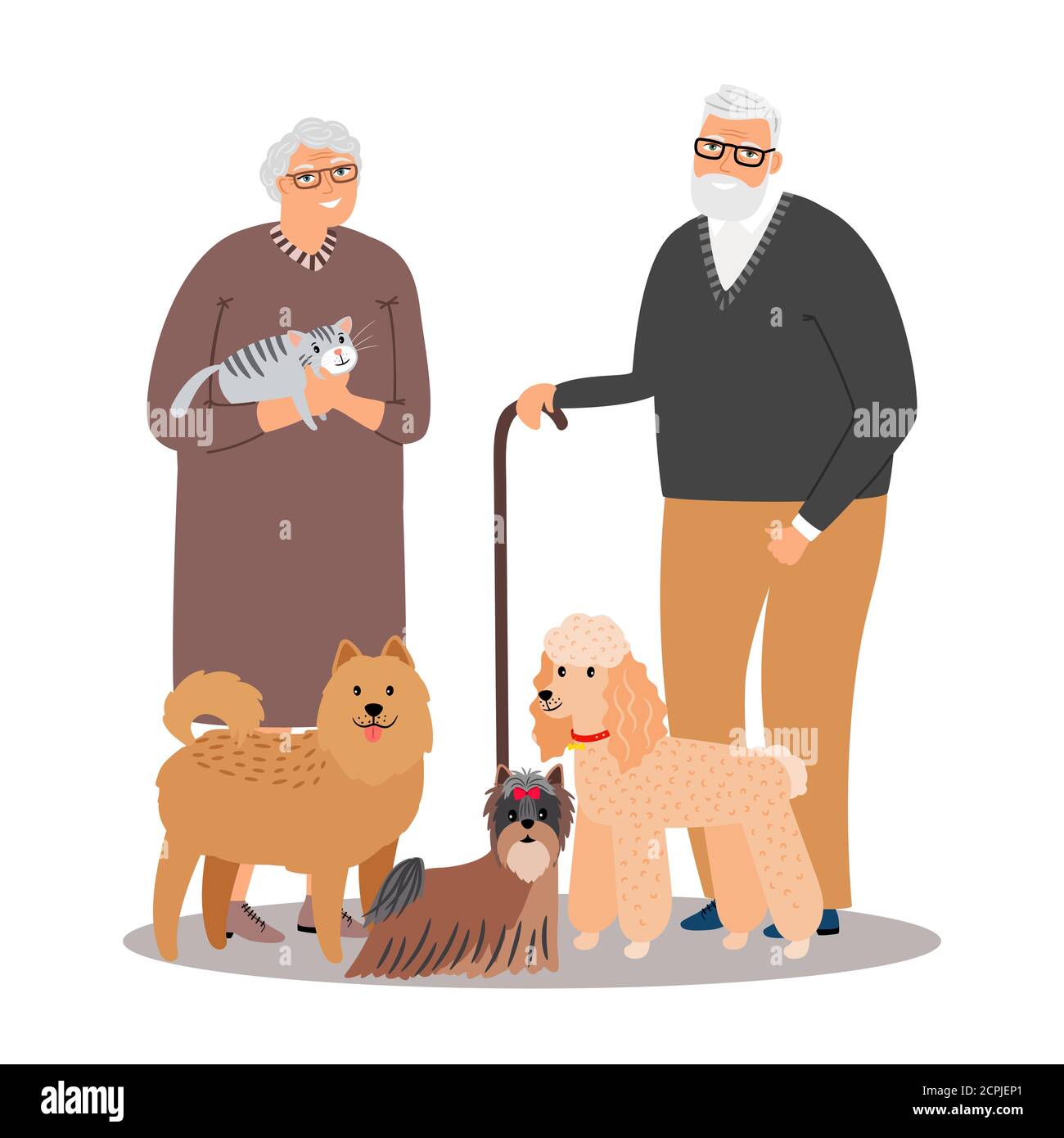 Pet lovers. Old happy petlover couple with dogs and cat vector  illustration, animal friends characters Stock Vector Image & Art - Alamy