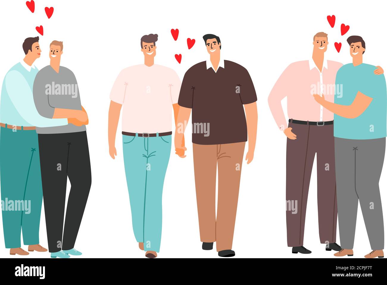 Gay cartoon couples love and hug isolated. Couple people character, homosexual relationship, vector illustration Stock Vector
