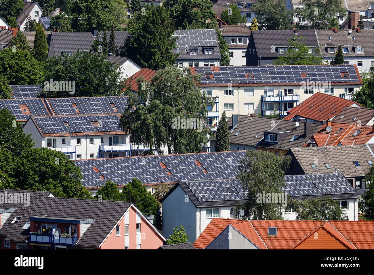 Apartment buildings with solar roofs, solar settlement, Innovation City Ruhr, Bottrop, Ruhr area, North Rhine-Westphalia, Germany Stock Photo