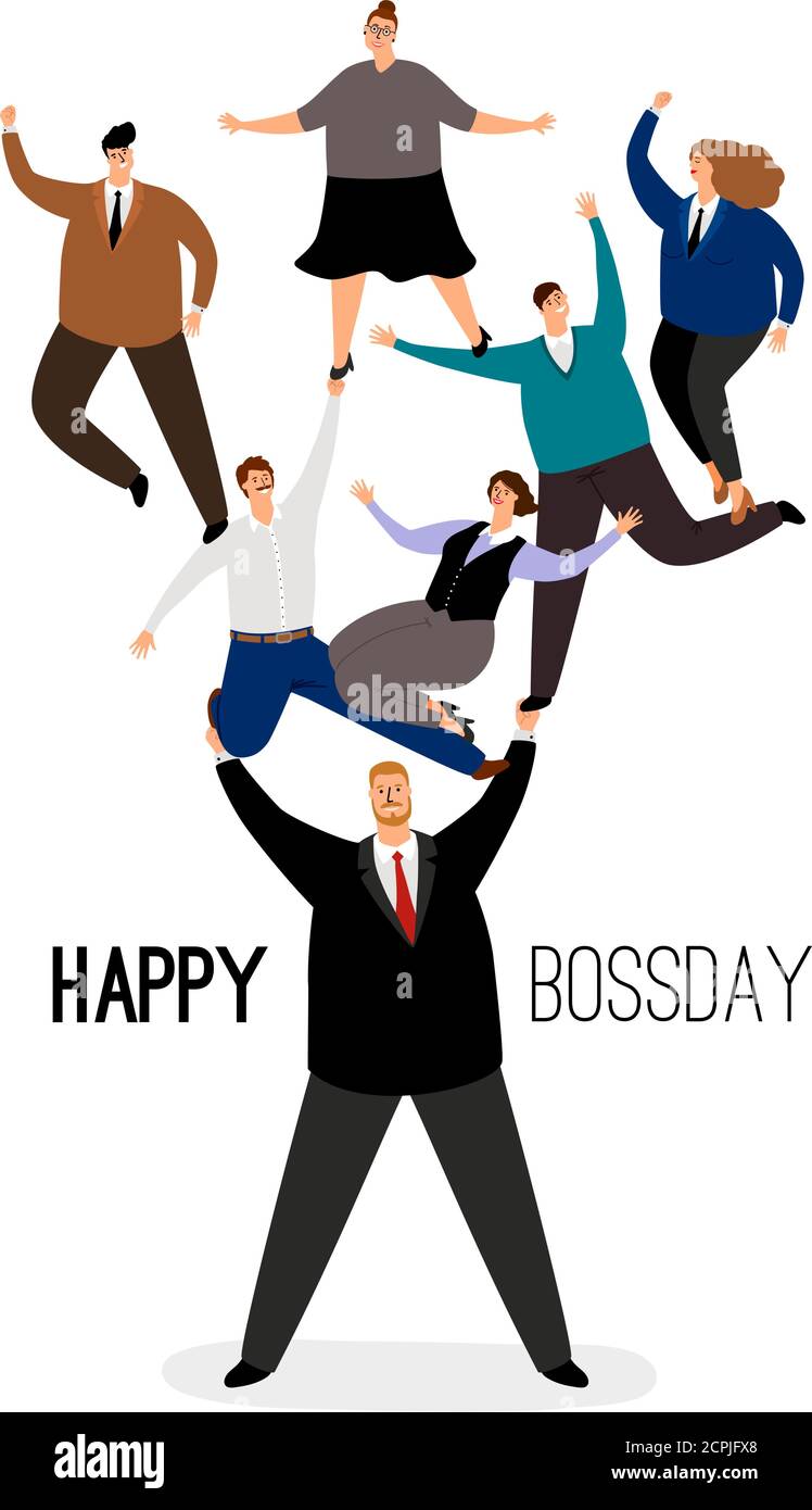 Happy bossday. Leader man with employees team. Vector boss day poster