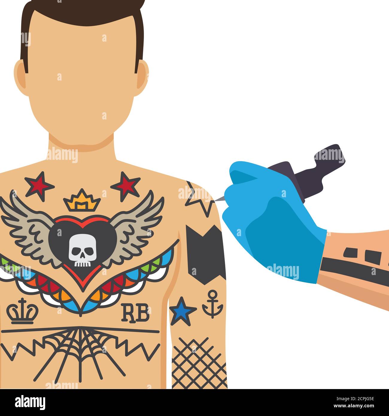 Tattooing process. Tattoo artist drawing on man hand with tattoo