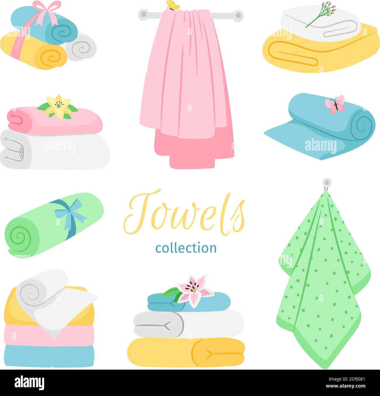Set of bath colored towels. Roll and pile. Cotton towel for bathroom or beach illustration Stock