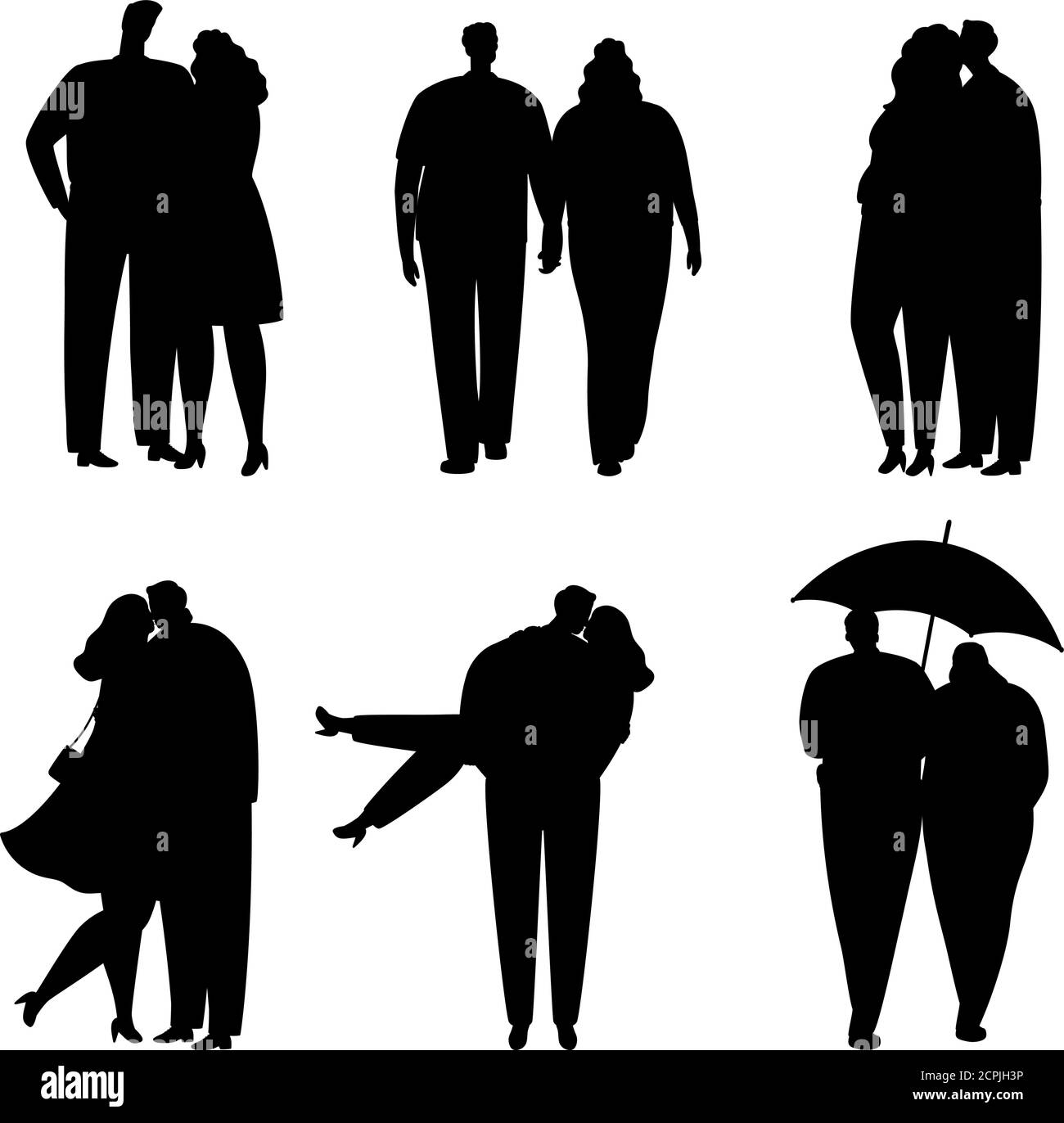 Collection of black silhouettes of couples in love. Guy and girl hug ...