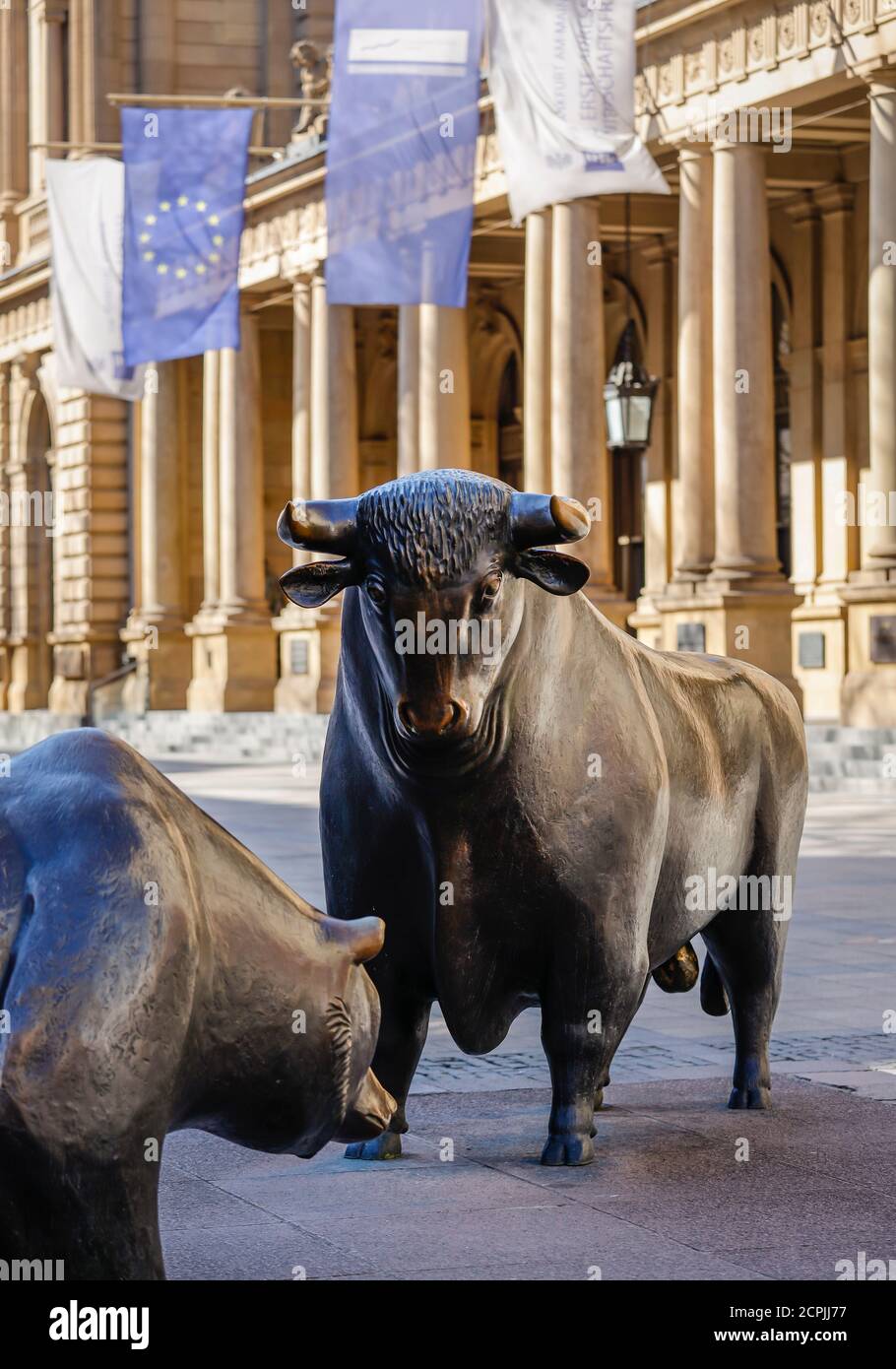 Bull and bear on the Börsenplatz in front of the stock exchange, Frankfurt am Main, Hesse, Germany Stock Photo
