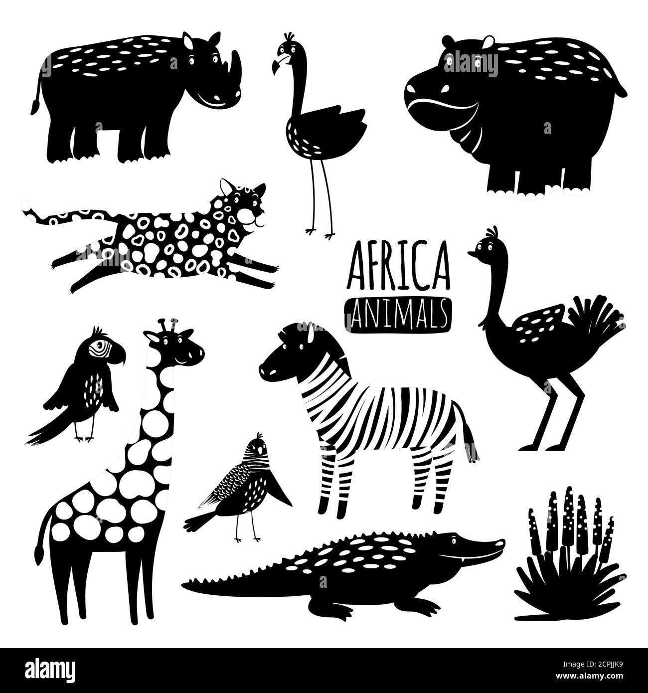 Black and white exotic animals vector collection. Animal silhouette hippopotamus and crocodile, bird and cheetah illustration Stock Vector