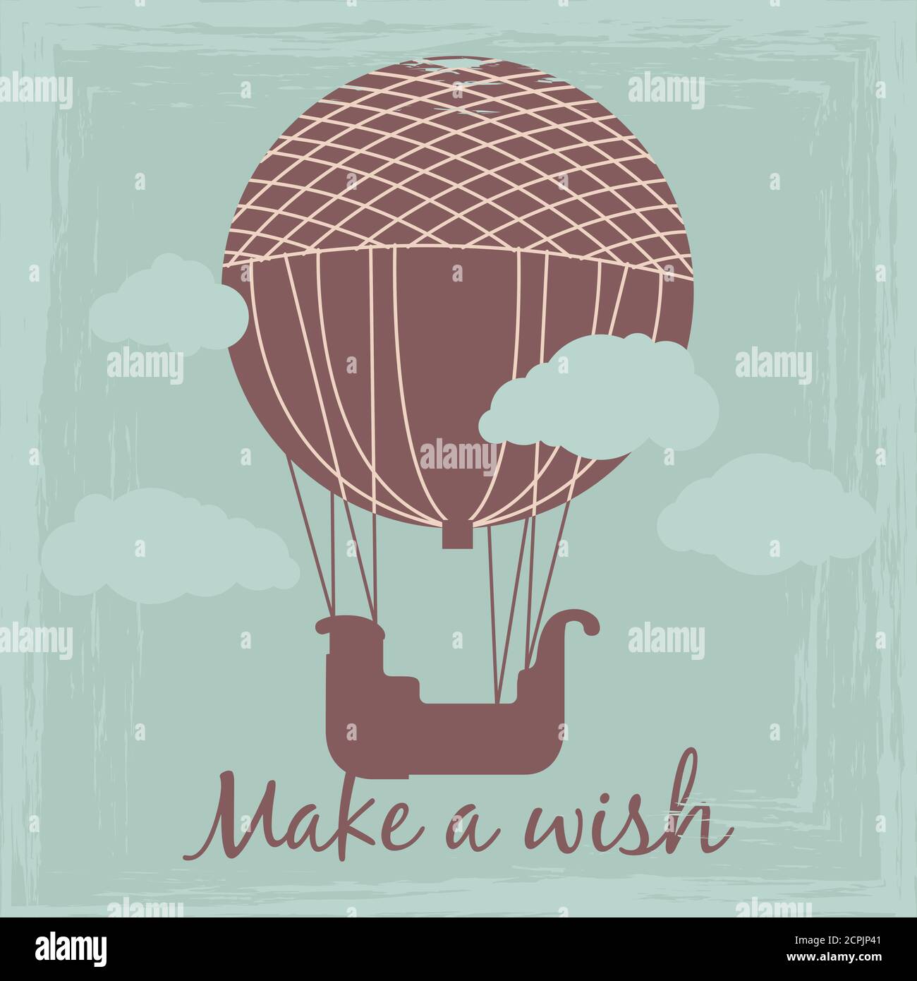 Make a wish vintage card vector template with hot air balloon silhouette. Illustration of air balloon poster, transport travel aerostat Stock Vector