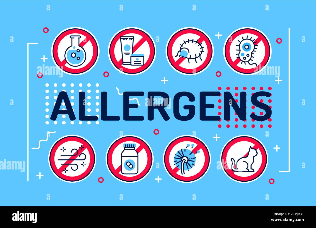 Allergens word lettering typography. Infographics with linear icons on ...