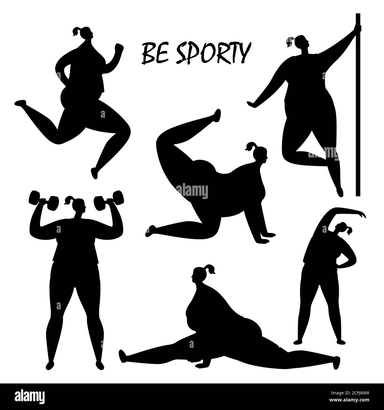 Black women training silhouettes vector isolated on white background. Illustration of sport woman silhouette, female training Stock Vector